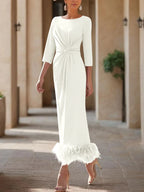 Elegant Feathered Scoop Neck Ankle Length Dress For Mothers Of The Bride