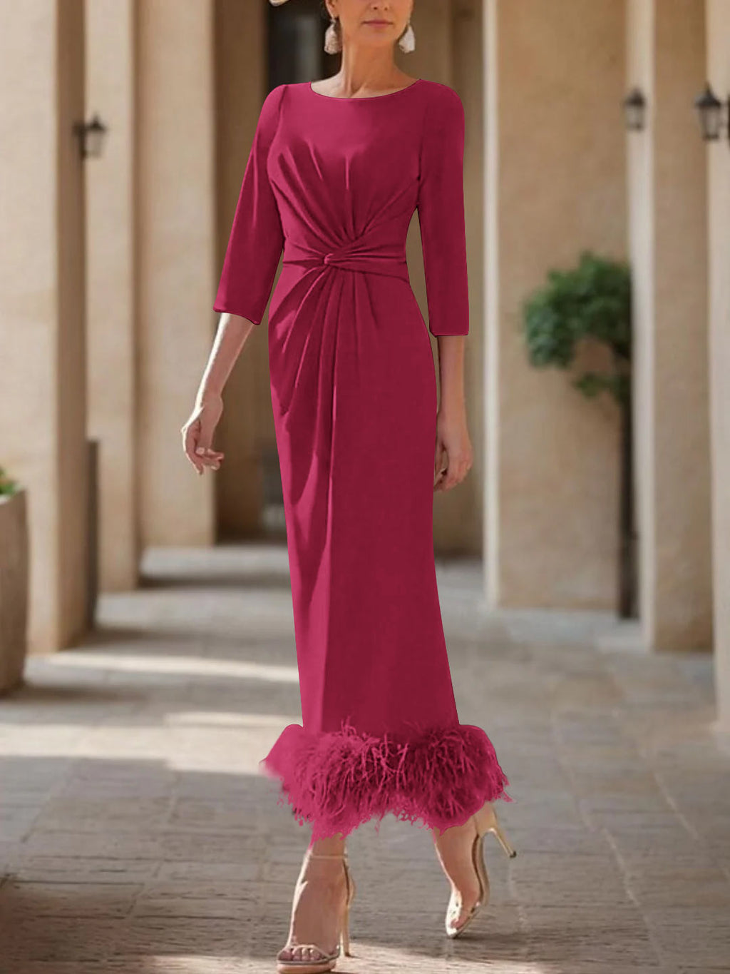 Elegant Feathered Scoop Neck Ankle Length Dress For Mothers Of The Bride