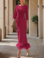 Elegant Feathered Scoop Neck Ankle Length Dress For Mothers Of The Bride