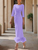 Elegant Feathered Scoop Neck Ankle Length Dress For Mothers Of The Bride