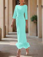 Elegant Feathered Scoop Neck Ankle Length Dress For Mothers Of The Bride