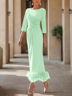 Elegant Feathered Scoop Neck Ankle Length Dress For Mothers Of The Bride