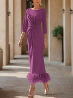 Elegant Feathered Scoop Neck Ankle Length Dress For Mothers Of The Bride