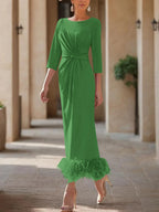 Elegant Feathered Scoop Neck Ankle Length Dress For Mothers Of The Bride