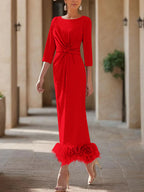 Elegant Feathered Scoop Neck Ankle Length Dress For Mothers Of The Bride