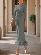 Elegant Feathered Scoop Neck Ankle Length Dress For Mothers Of The Bride