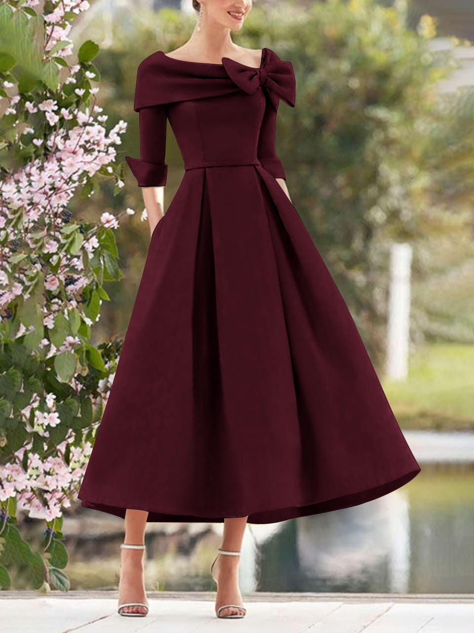 A Line Dress With Cowl Neck And Bows For Moms Three Quarter Sleeves Tea Length