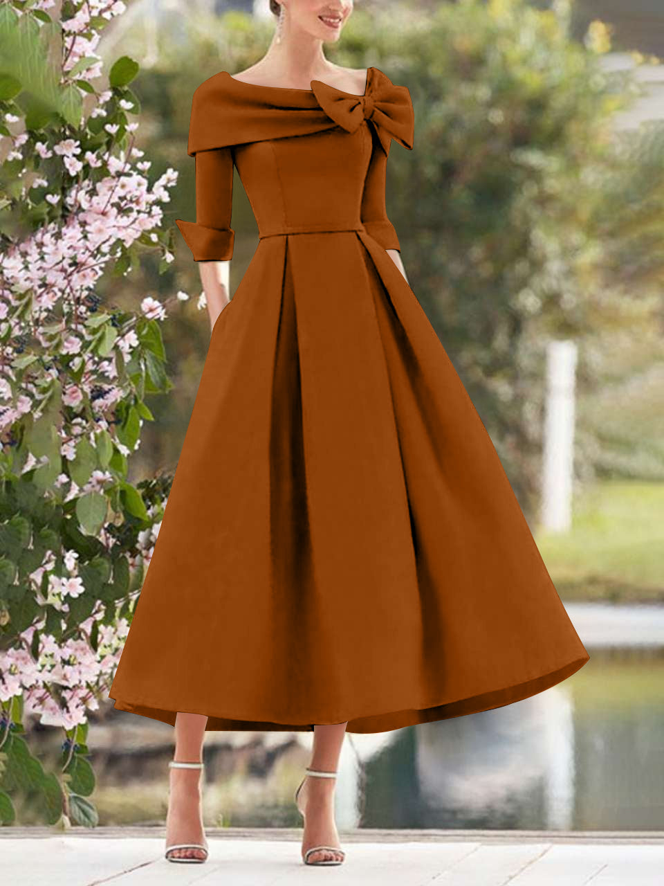 A Line Dress With Cowl Neck And Bows For Moms Three Quarter Sleeves Tea Length