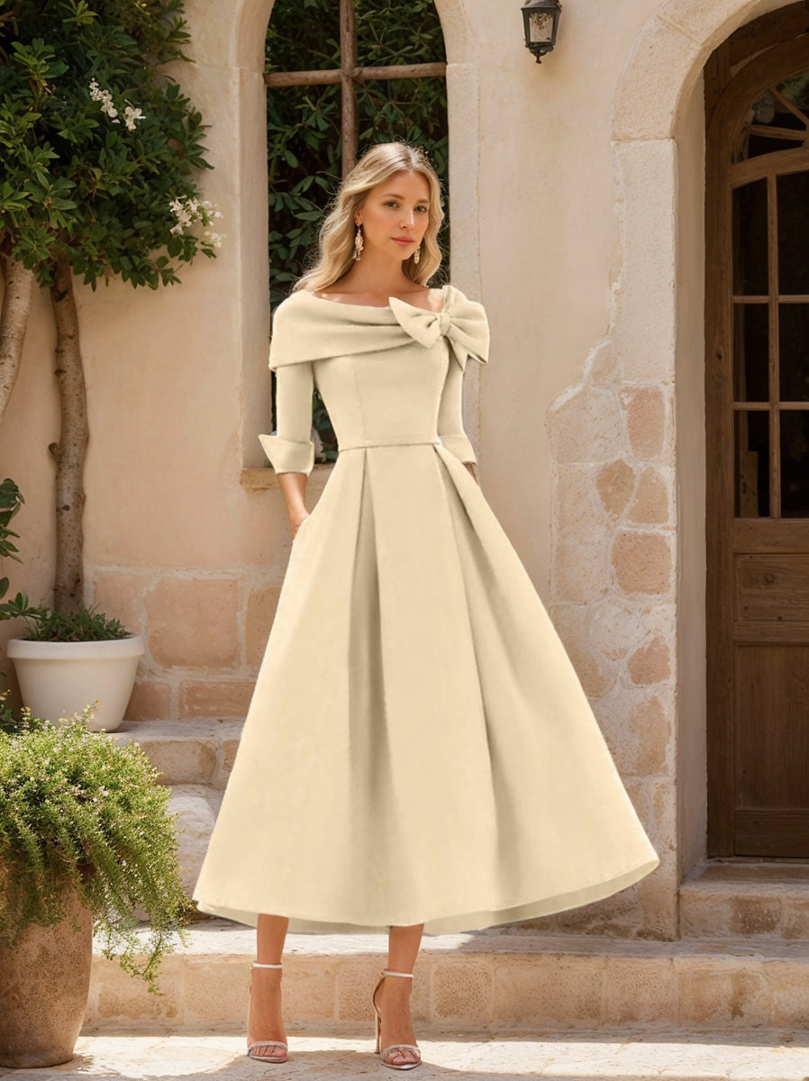 A Line Dress With Cowl Neck And Bows For Moms Three Quarter Sleeves Tea Length