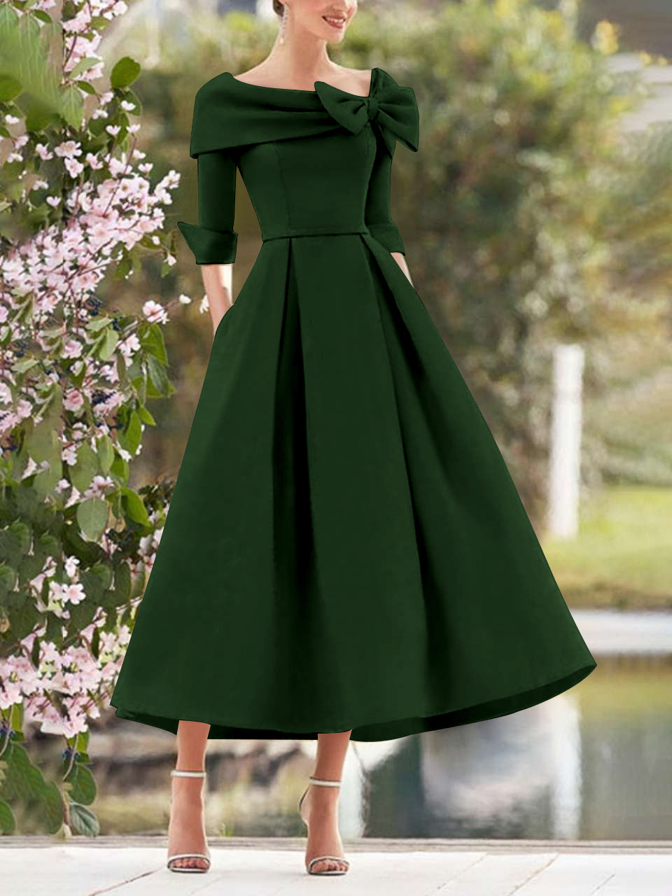 A Line Dress With Cowl Neck And Bows For Moms Three Quarter Sleeves Tea Length