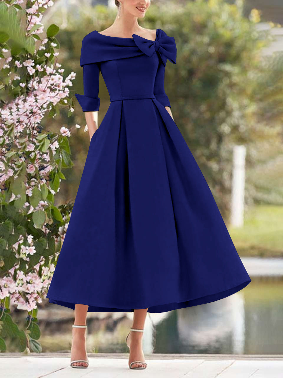 A Line Dress With Cowl Neck And Bows For Moms Three Quarter Sleeves Tea Length