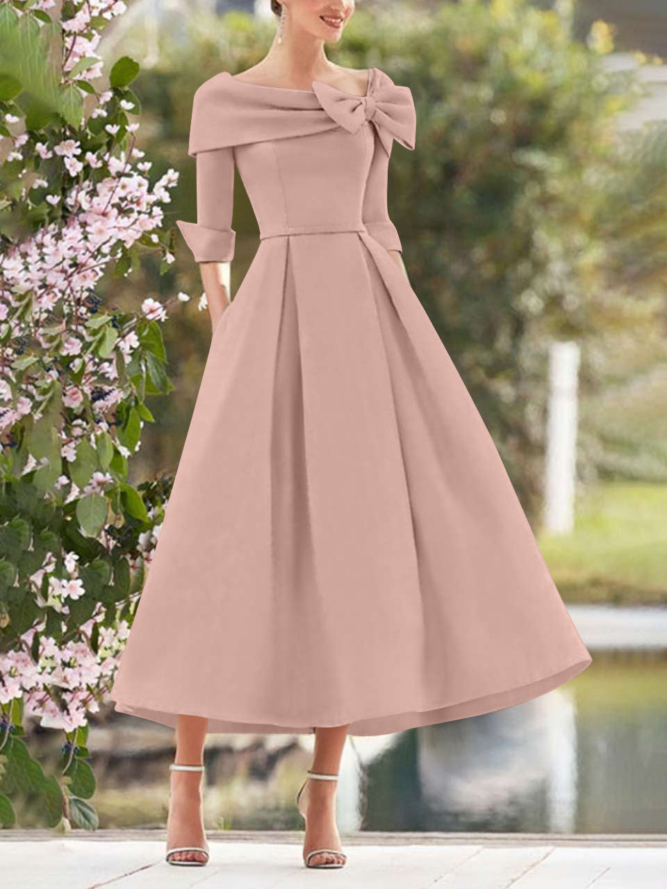 A Line Dress With Cowl Neck And Bows For Moms Three Quarter Sleeves Tea Length