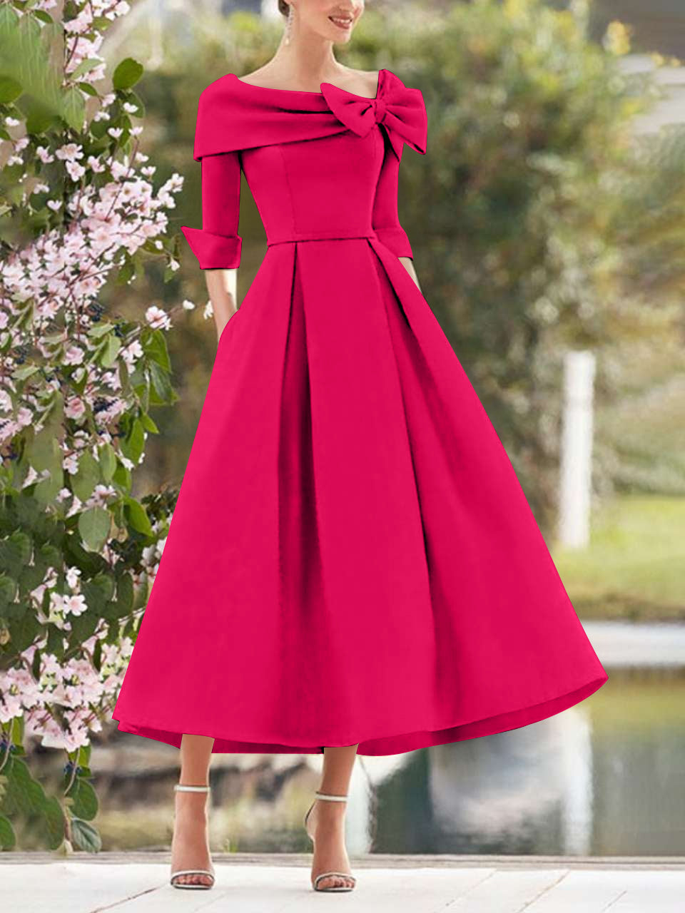 A Line Dress With Cowl Neck And Bows For Moms Three Quarter Sleeves Tea Length