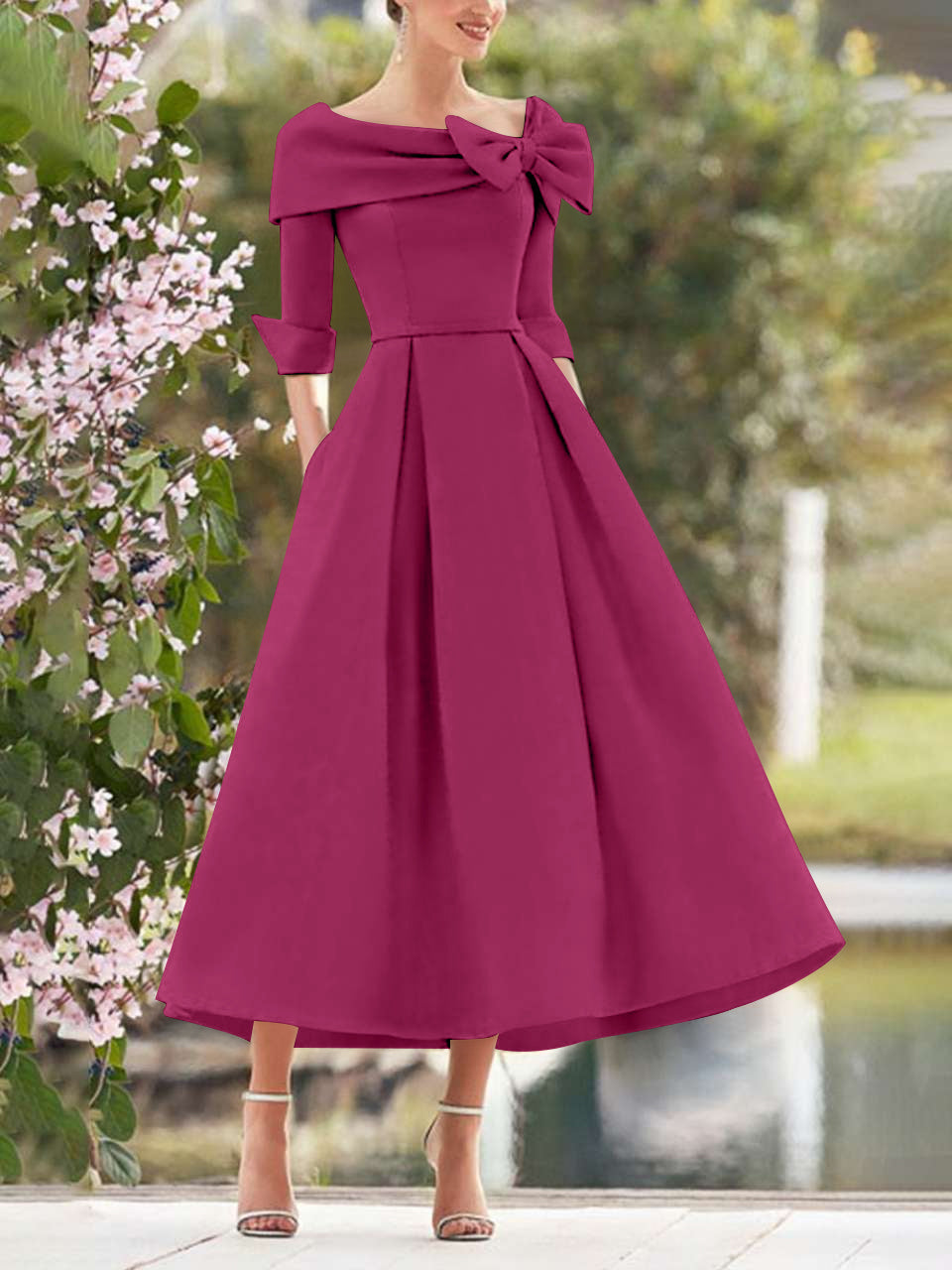 A Line Dress With Cowl Neck And Bows For Moms Three Quarter Sleeves Tea Length