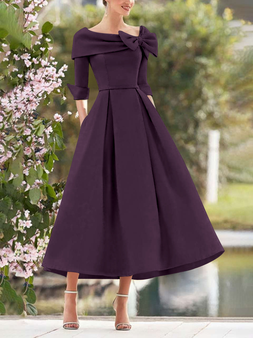 A Line Dress With Cowl Neck And Bows For Moms Three Quarter Sleeves Tea Length