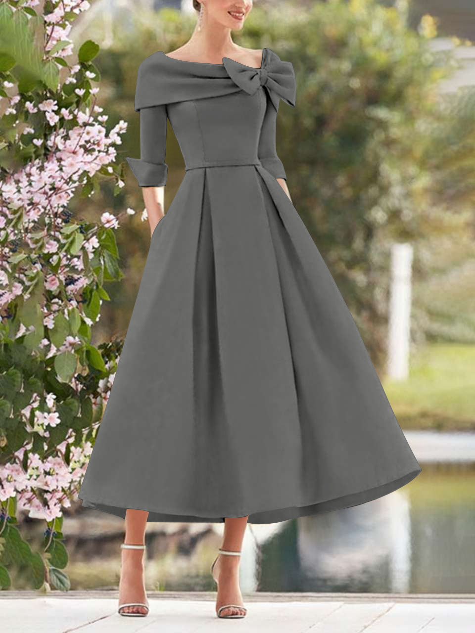 A Line Dress With Cowl Neck And Bows For Moms Three Quarter Sleeves Tea Length