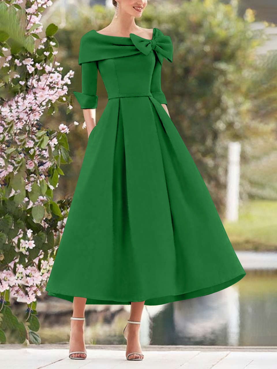 A Line Dress With Cowl Neck And Bows For Moms Three Quarter Sleeves Tea Length