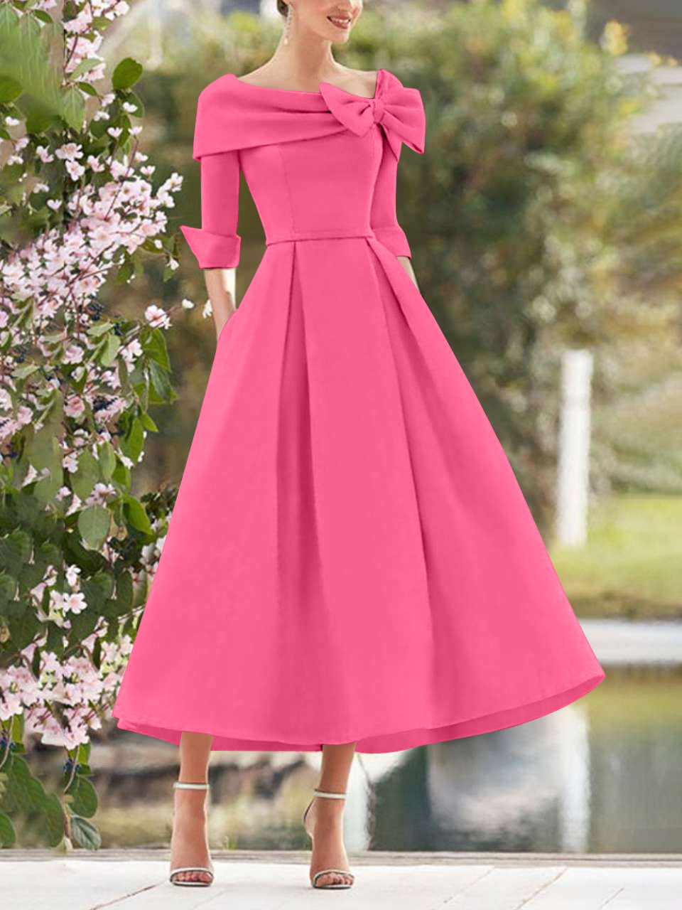 A Line Dress With Cowl Neck And Bows For Moms Three Quarter Sleeves Tea Length