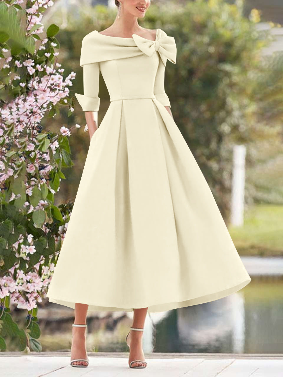 A Line Dress With Cowl Neck And Bows For Moms Three Quarter Sleeves Tea Length