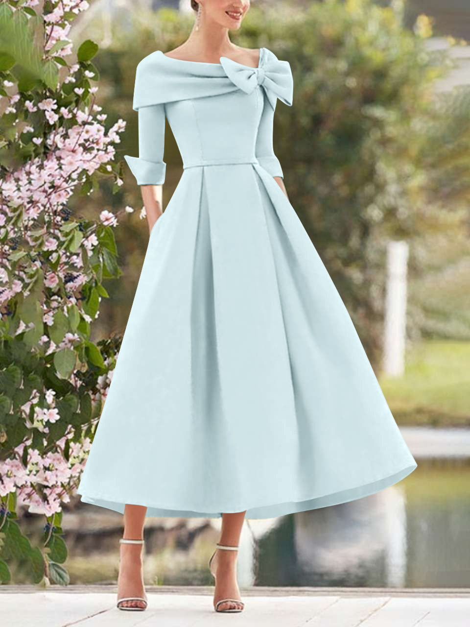 A Line Dress With Cowl Neck And Bows For Moms Three Quarter Sleeves Tea Length