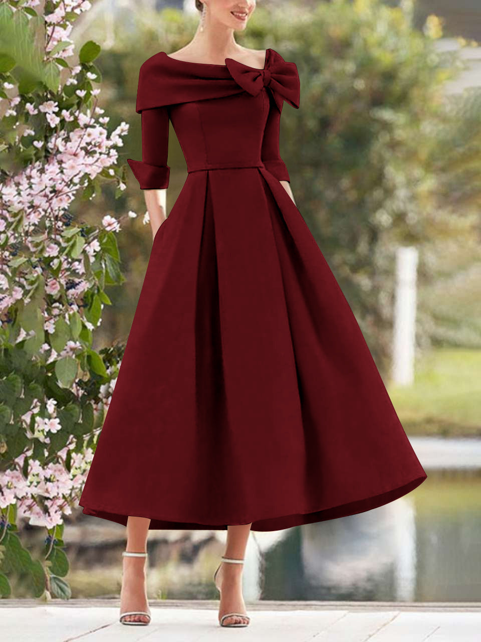 A Line Dress With Cowl Neck And Bows For Moms Three Quarter Sleeves Tea Length