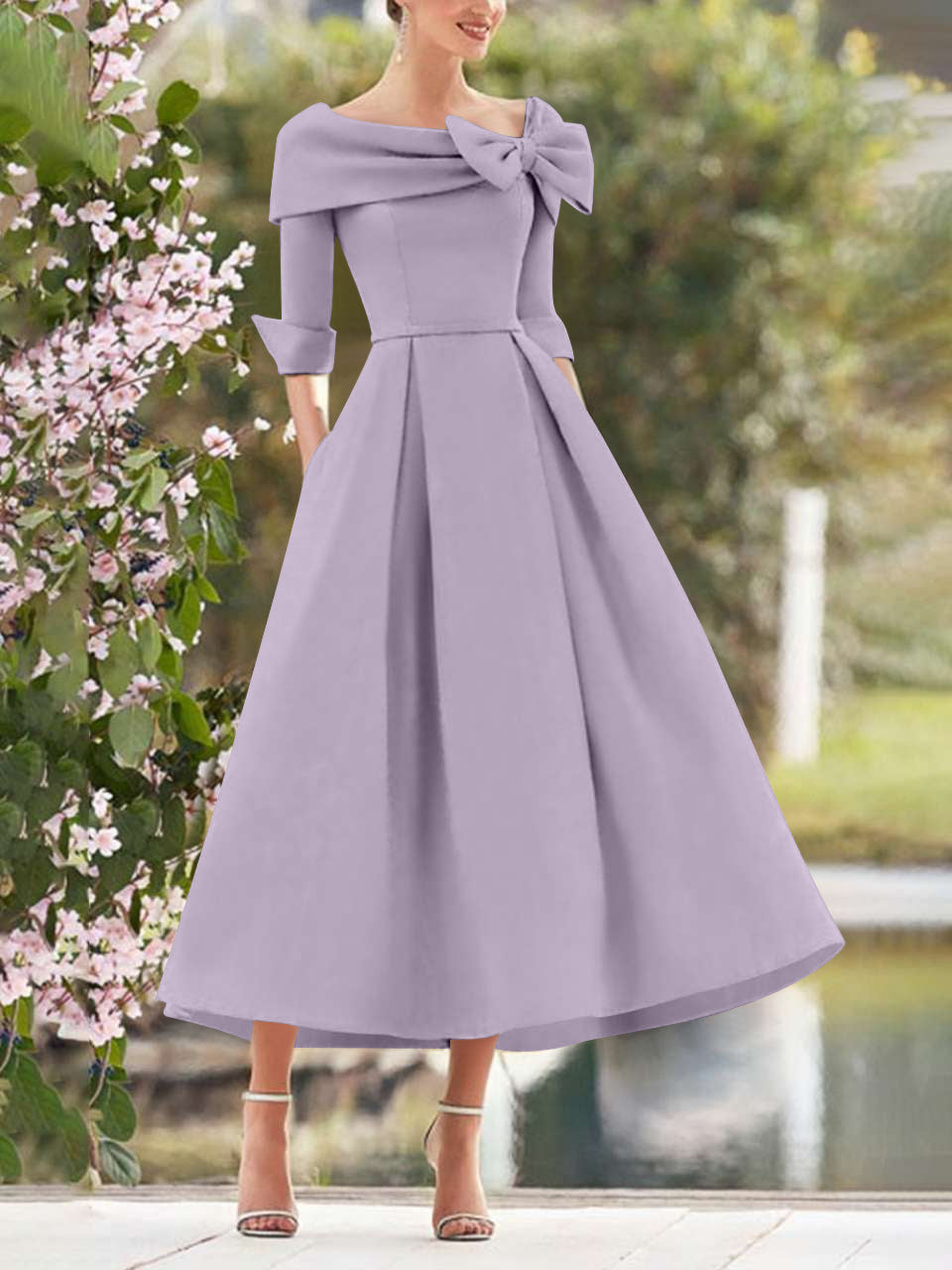 A Line Dress With Cowl Neck And Bows For Moms Three Quarter Sleeves Tea Length