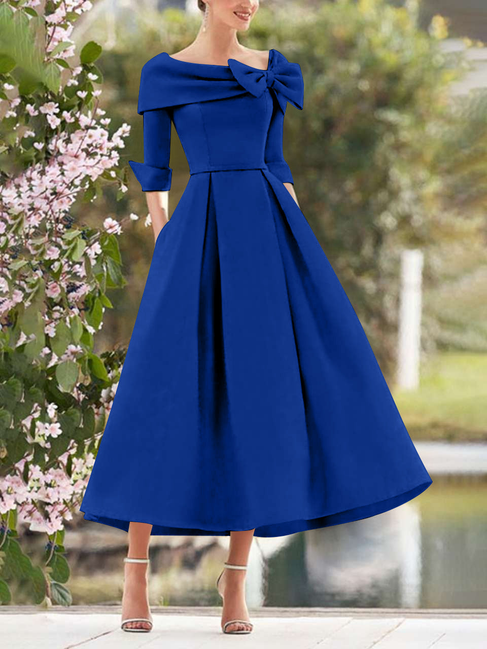 A Line Dress With Cowl Neck And Bows For Moms Three Quarter Sleeves Tea Length