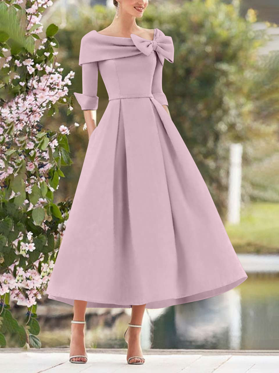 A Line Dress With Cowl Neck And Bows For Moms Three Quarter Sleeves Tea Length