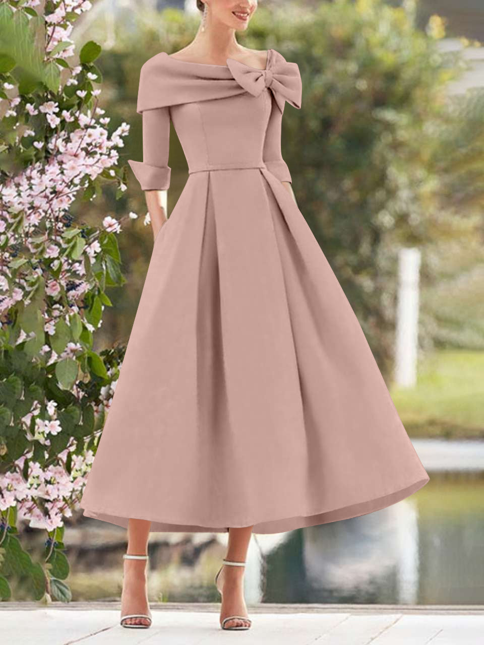 A Line Dress With Cowl Neck And Bows For Moms Three Quarter Sleeves Tea Length