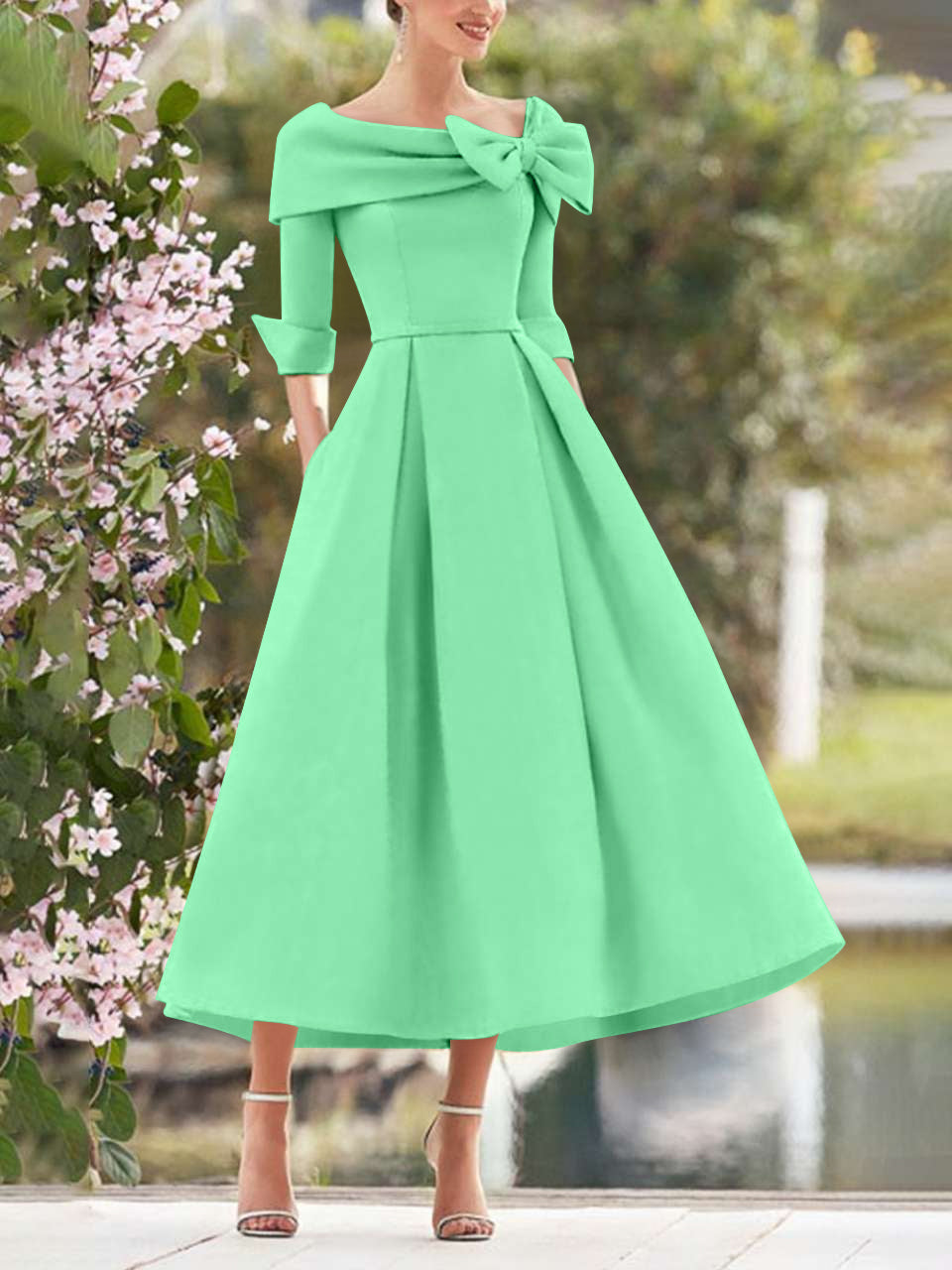 A Line Dress With Cowl Neck And Bows For Moms Three Quarter Sleeves Tea Length