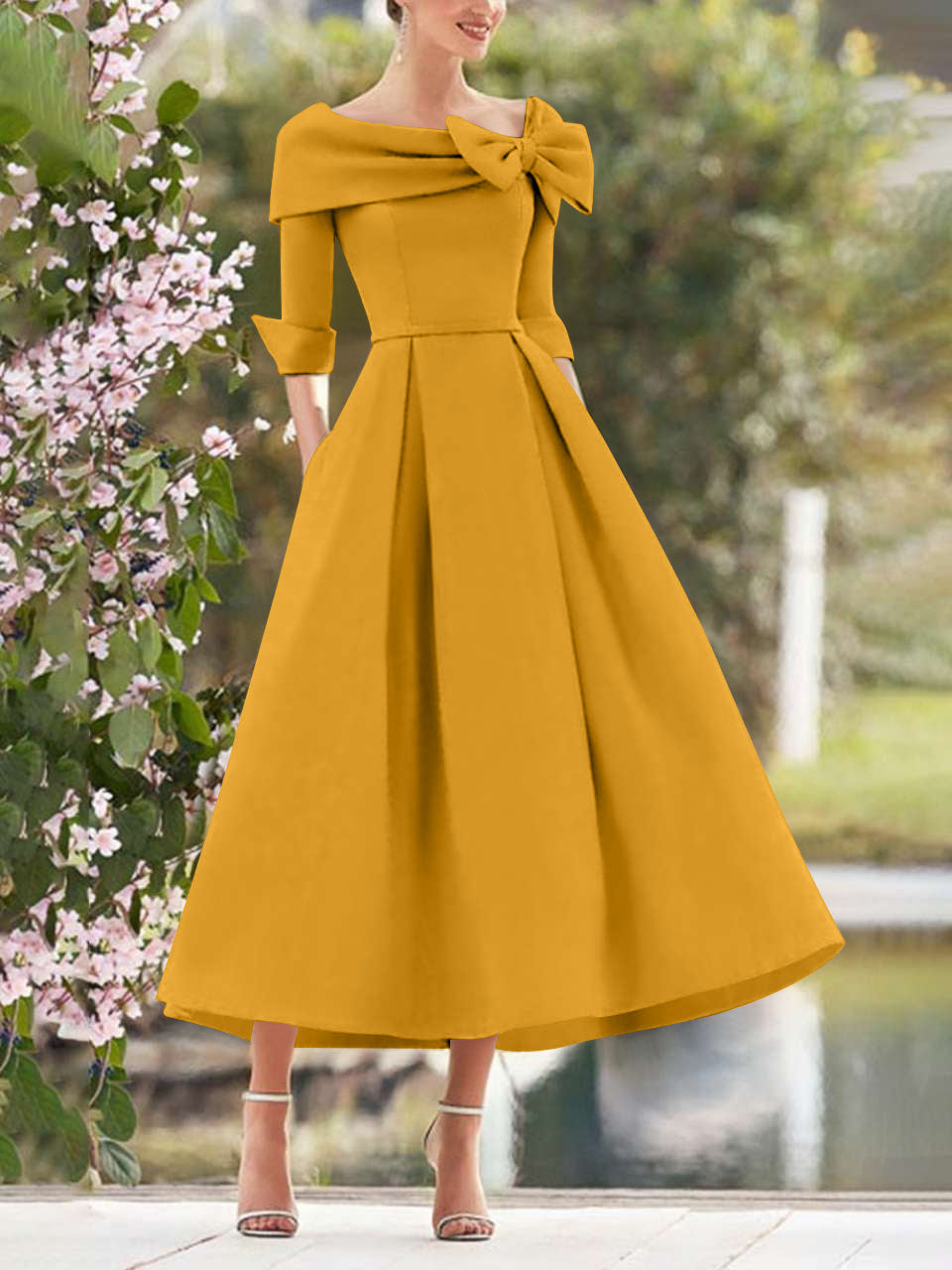 A Line Dress With Cowl Neck And Bows For Moms Three Quarter Sleeves Tea Length
