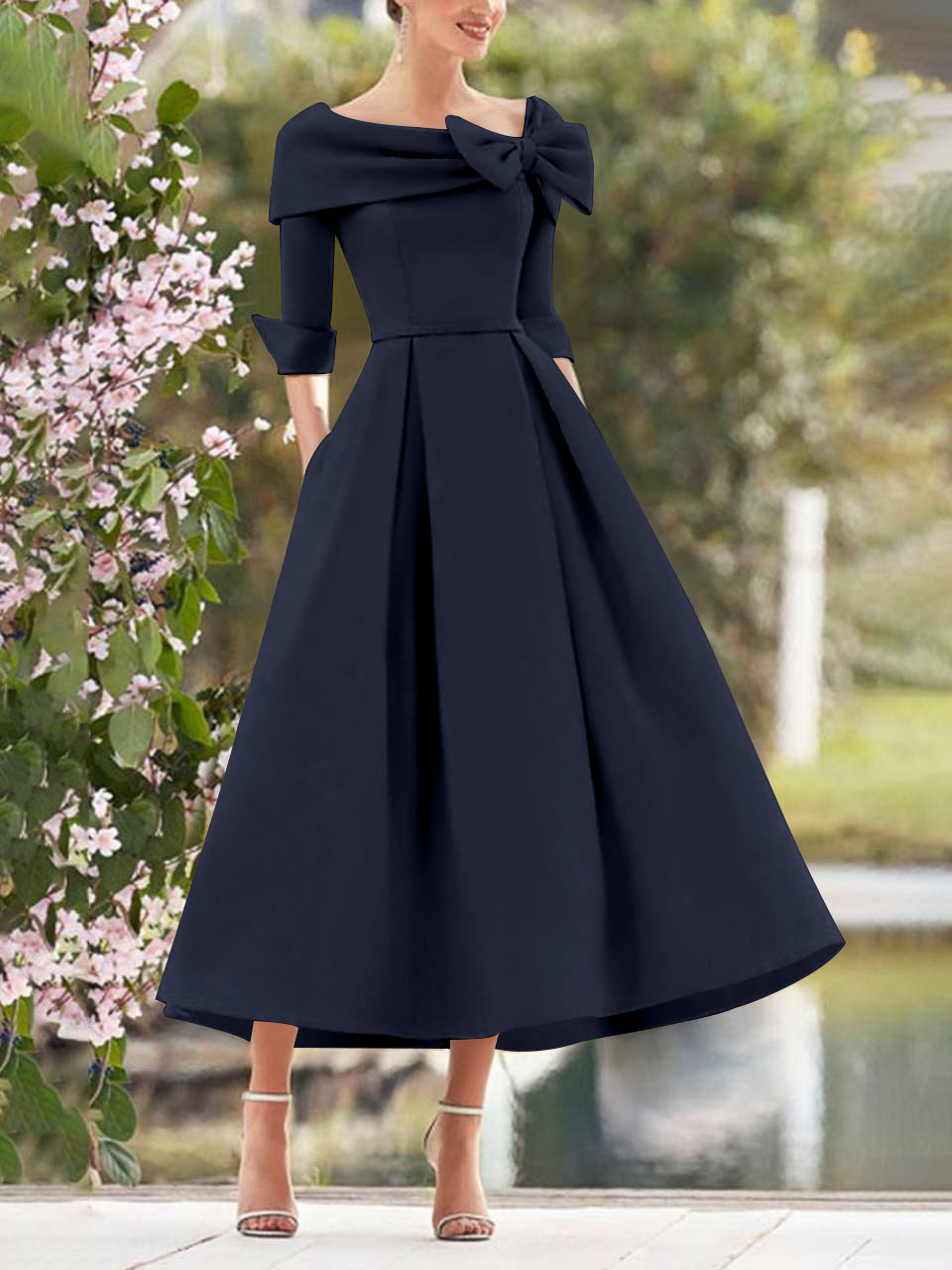 A Line Dress With Cowl Neck And Bows For Moms Three Quarter Sleeves Tea Length