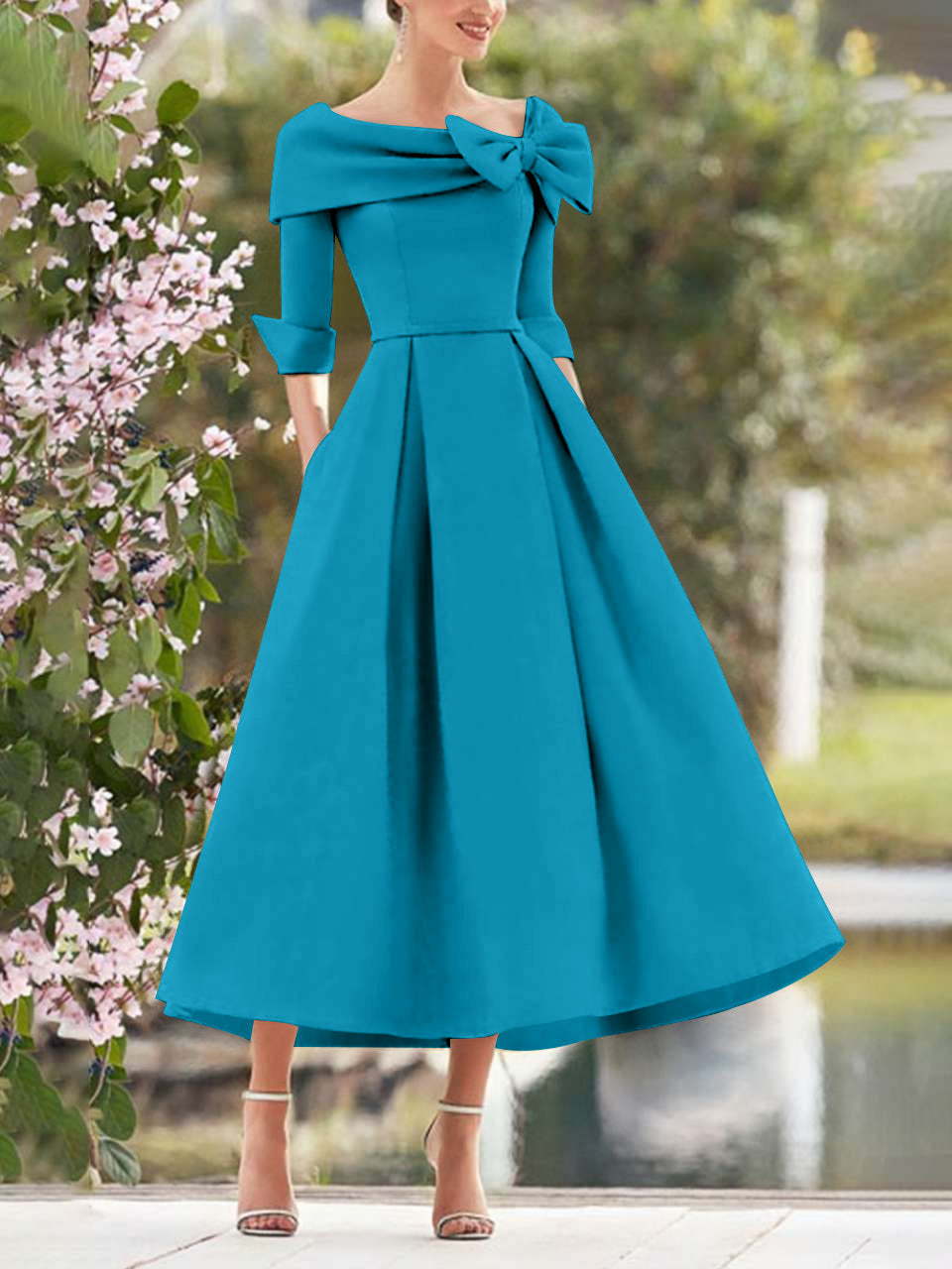 A Line Dress With Cowl Neck And Bows For Moms Three Quarter Sleeves Tea Length