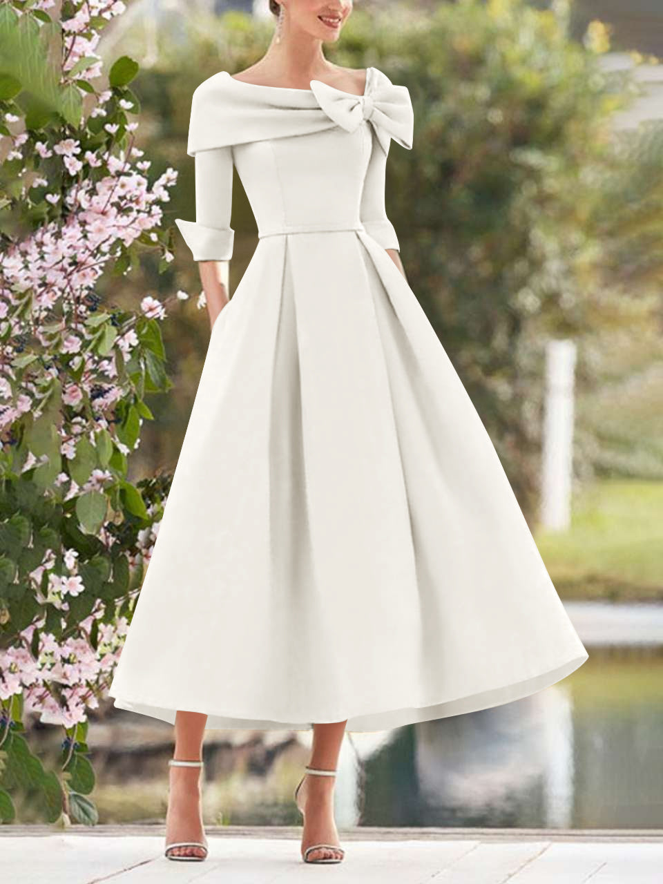 A Line Dress With Cowl Neck And Bows For Moms Three Quarter Sleeves Tea Length
