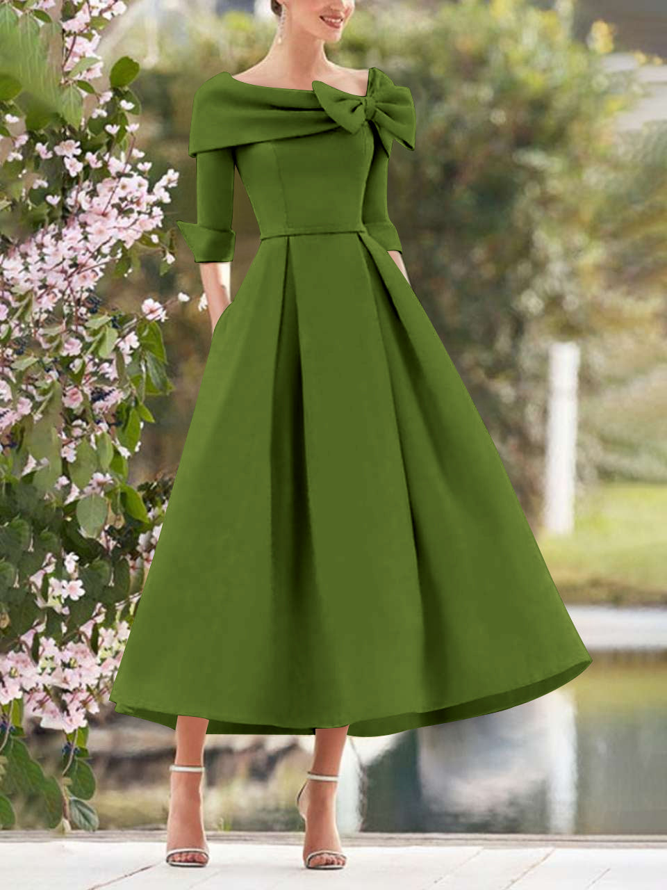 A Line Dress With Cowl Neck And Bows For Moms Three Quarter Sleeves Tea Length