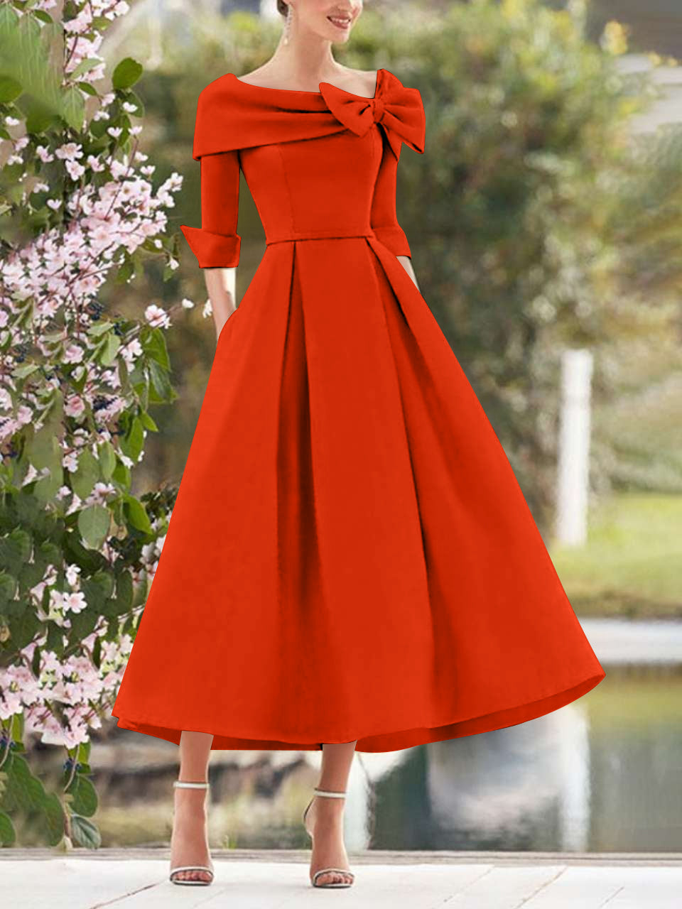 A Line Dress With Cowl Neck And Bows For Moms Three Quarter Sleeves Tea Length
