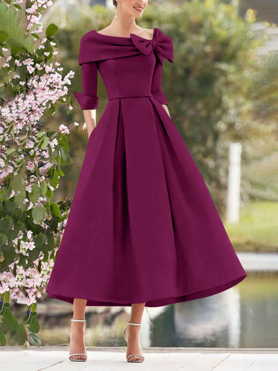 A Line Dress With Cowl Neck And Bows For Moms Three Quarter Sleeves Tea Length