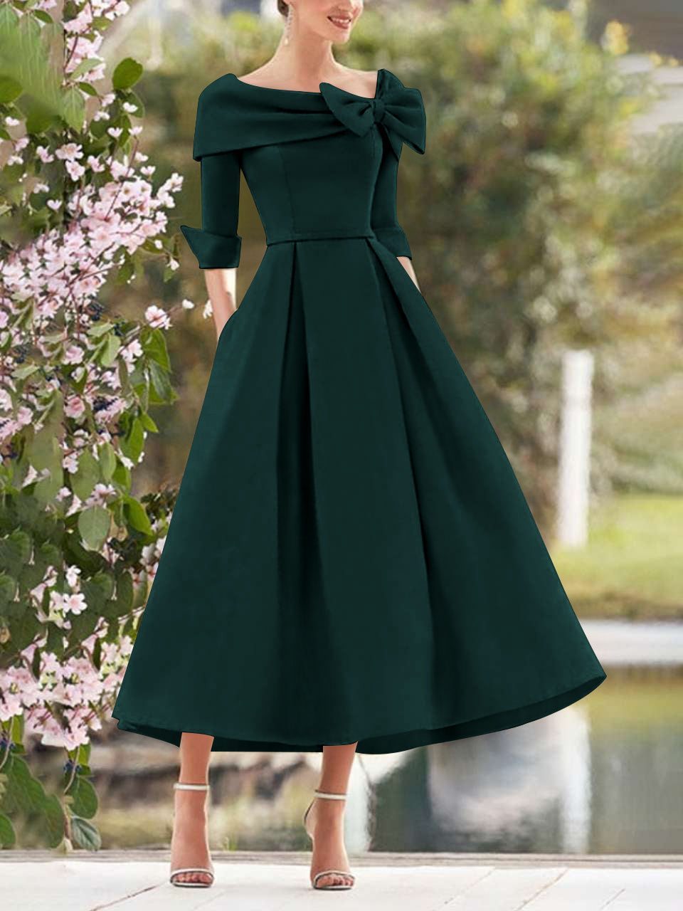 A Line Dress With Cowl Neck And Bows For Moms Three Quarter Sleeves Tea Length