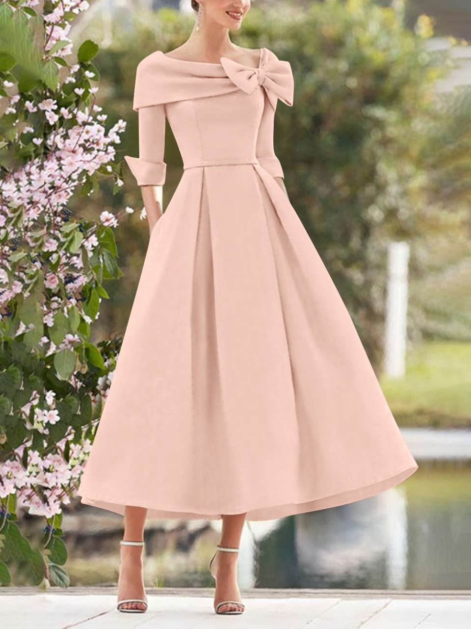 A Line Dress With Cowl Neck And Bows For Moms Three Quarter Sleeves Tea Length