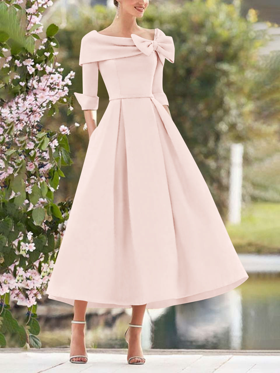 A Line Dress With Cowl Neck And Bows For Moms Three Quarter Sleeves Tea Length