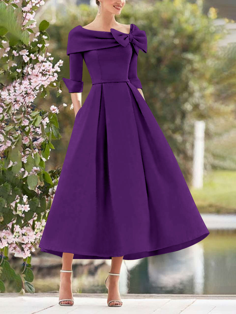 A Line Dress With Cowl Neck And Bows For Moms Three Quarter Sleeves Tea Length