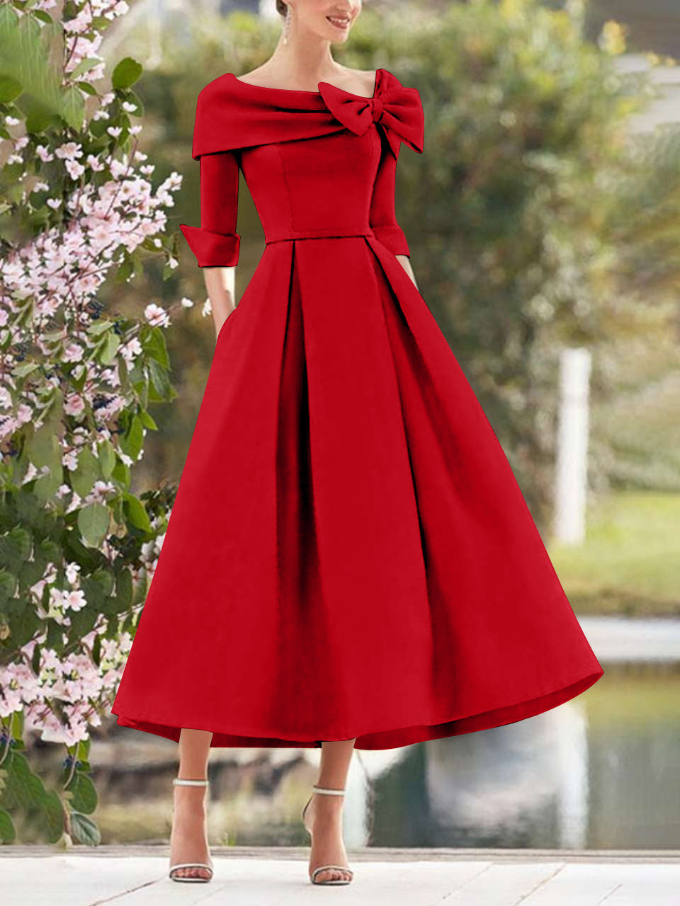 A Line Dress With Cowl Neck And Bows For Moms Three Quarter Sleeves Tea Length