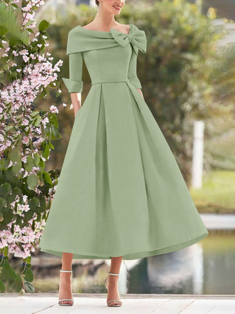 A Line Dress With Cowl Neck And Bows For Moms Three Quarter Sleeves Tea Length