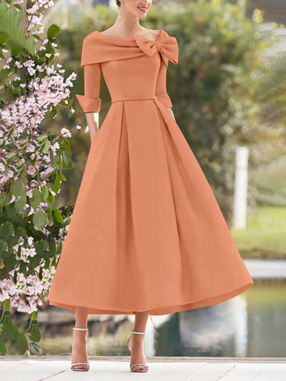 A Line Dress With Cowl Neck And Bows For Moms Three Quarter Sleeves Tea Length