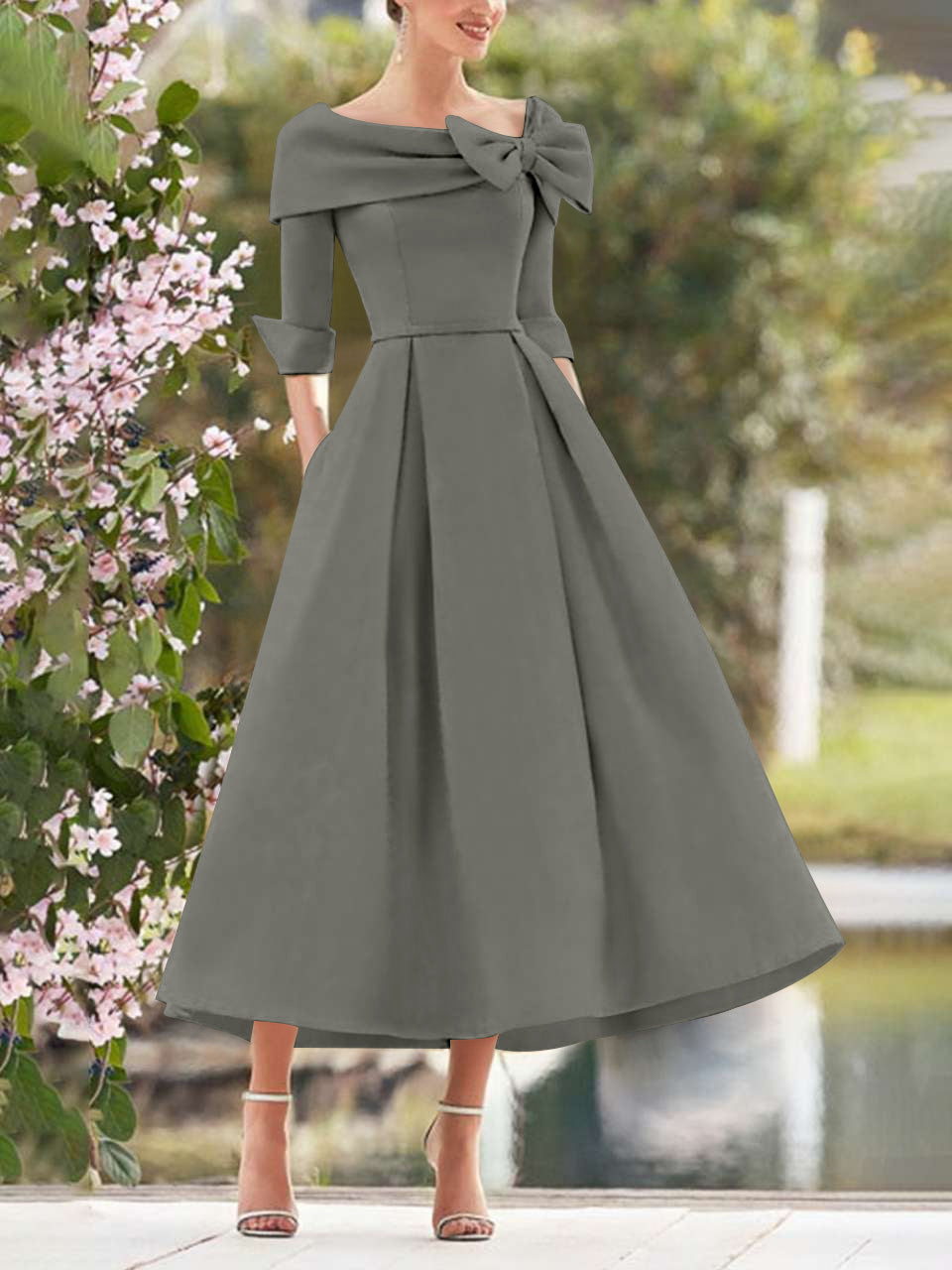 A Line Dress With Cowl Neck And Bows For Moms Three Quarter Sleeves Tea Length