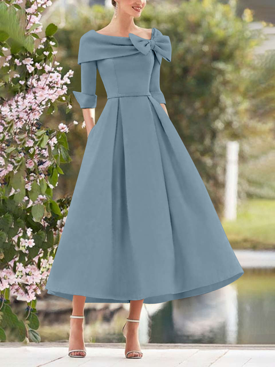 A Line Dress With Cowl Neck And Bows For Moms Three Quarter Sleeves Tea Length