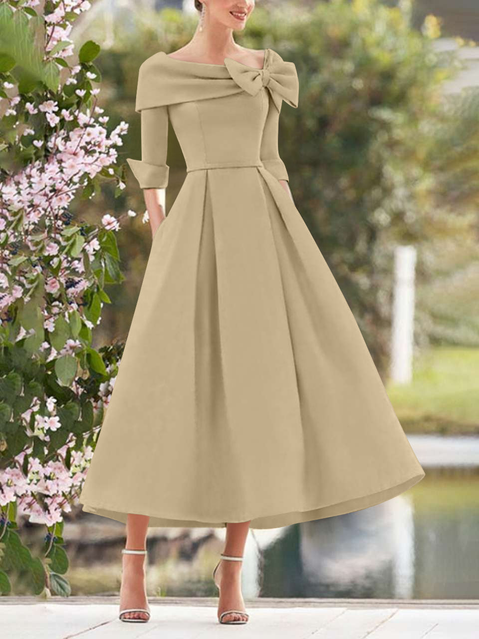 A Line Dress With Cowl Neck And Bows For Moms Three Quarter Sleeves Tea Length