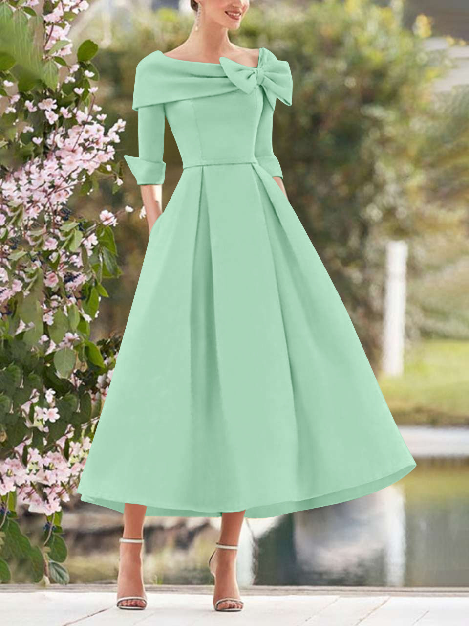 A Line Dress With Cowl Neck And Bows For Moms Three Quarter Sleeves Tea Length