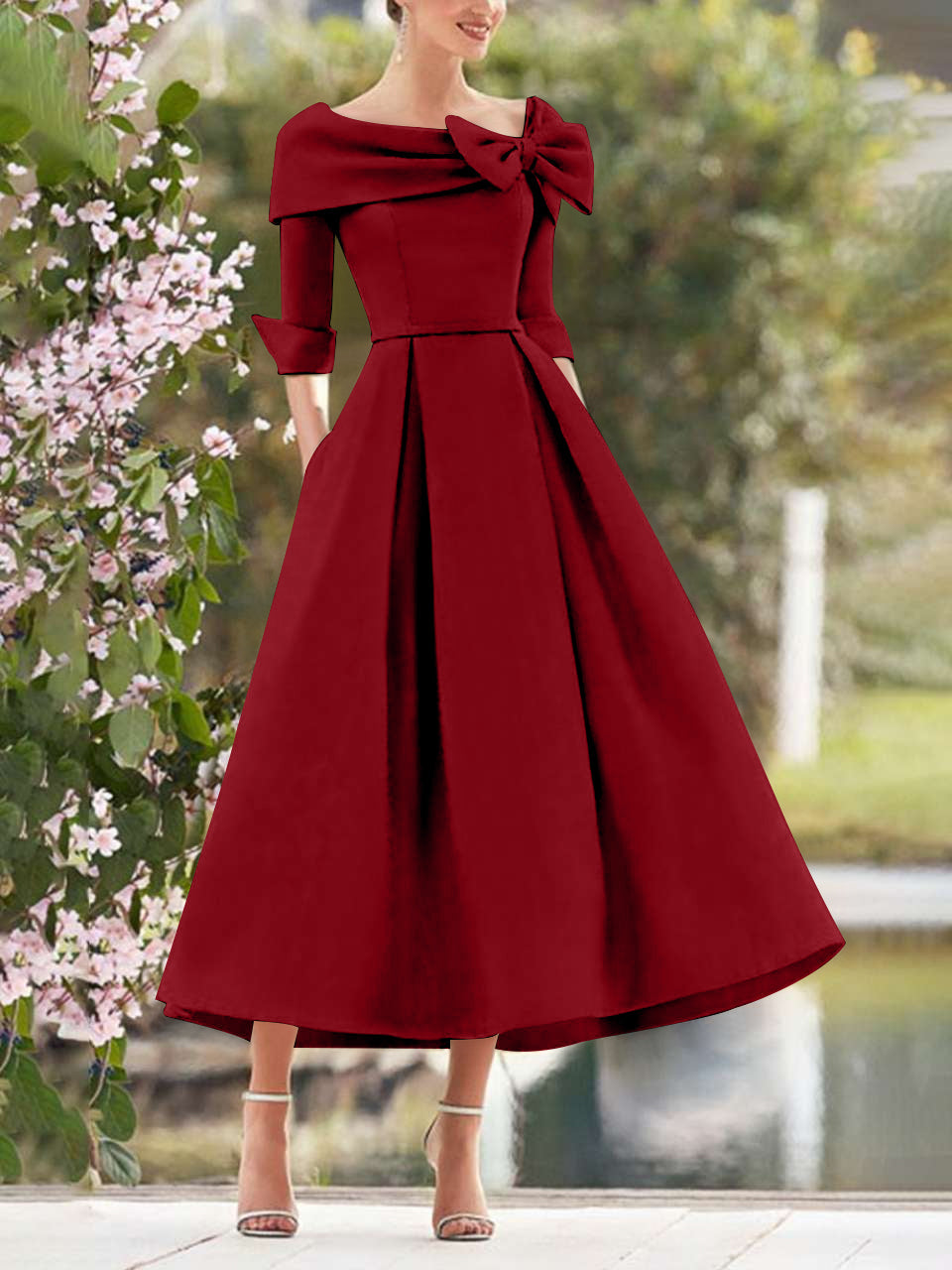 A Line Dress With Cowl Neck And Bows For Moms Three Quarter Sleeves Tea Length