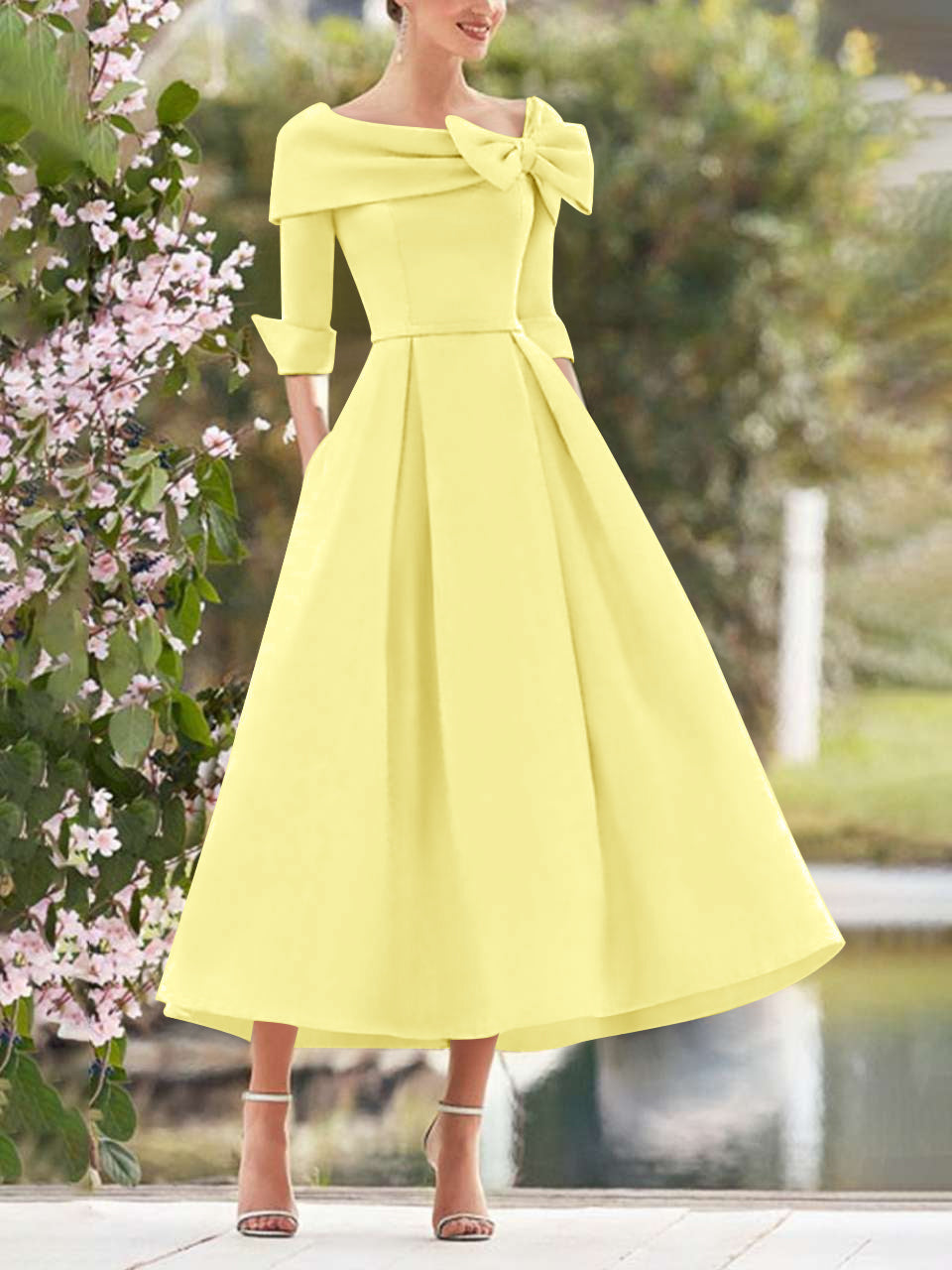 A Line Dress With Cowl Neck And Bows For Moms Three Quarter Sleeves Tea Length